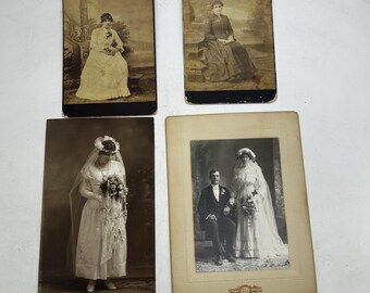 4 Antique and Vintage Photographs, Cabinet Cards: Women, Brides, Groom, Sepia, Black & White, 19th Century, 1920s, Collection, Bridal Shower
