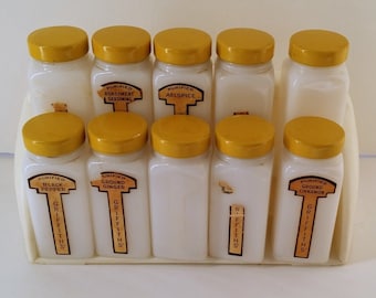 Vintage Griffith&#39;s Spice Bottles & Rack - Buy Multiples or Individually; Yellow Labels, 10 Milk Glass Bottles, Kitchen Decor, Gift for Cook