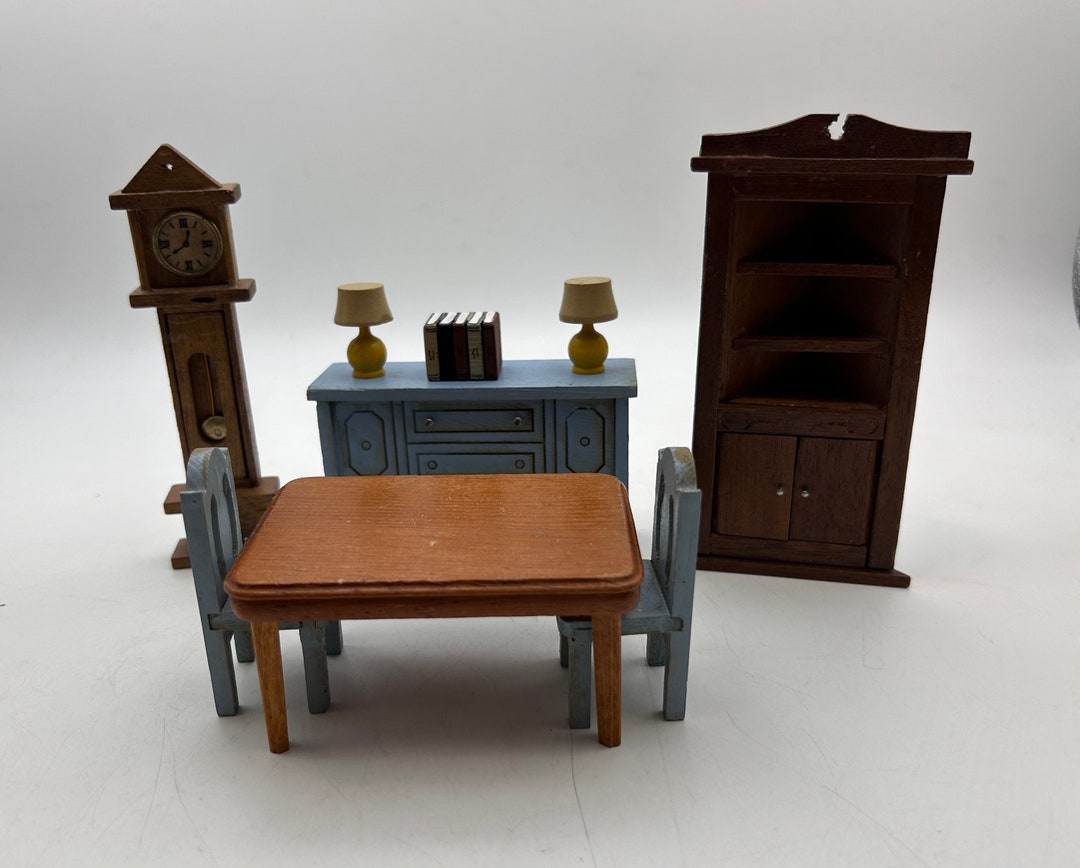Vintage Wooden Dollhouse Dining Room Furniture Table, 2 Chairs, Corner