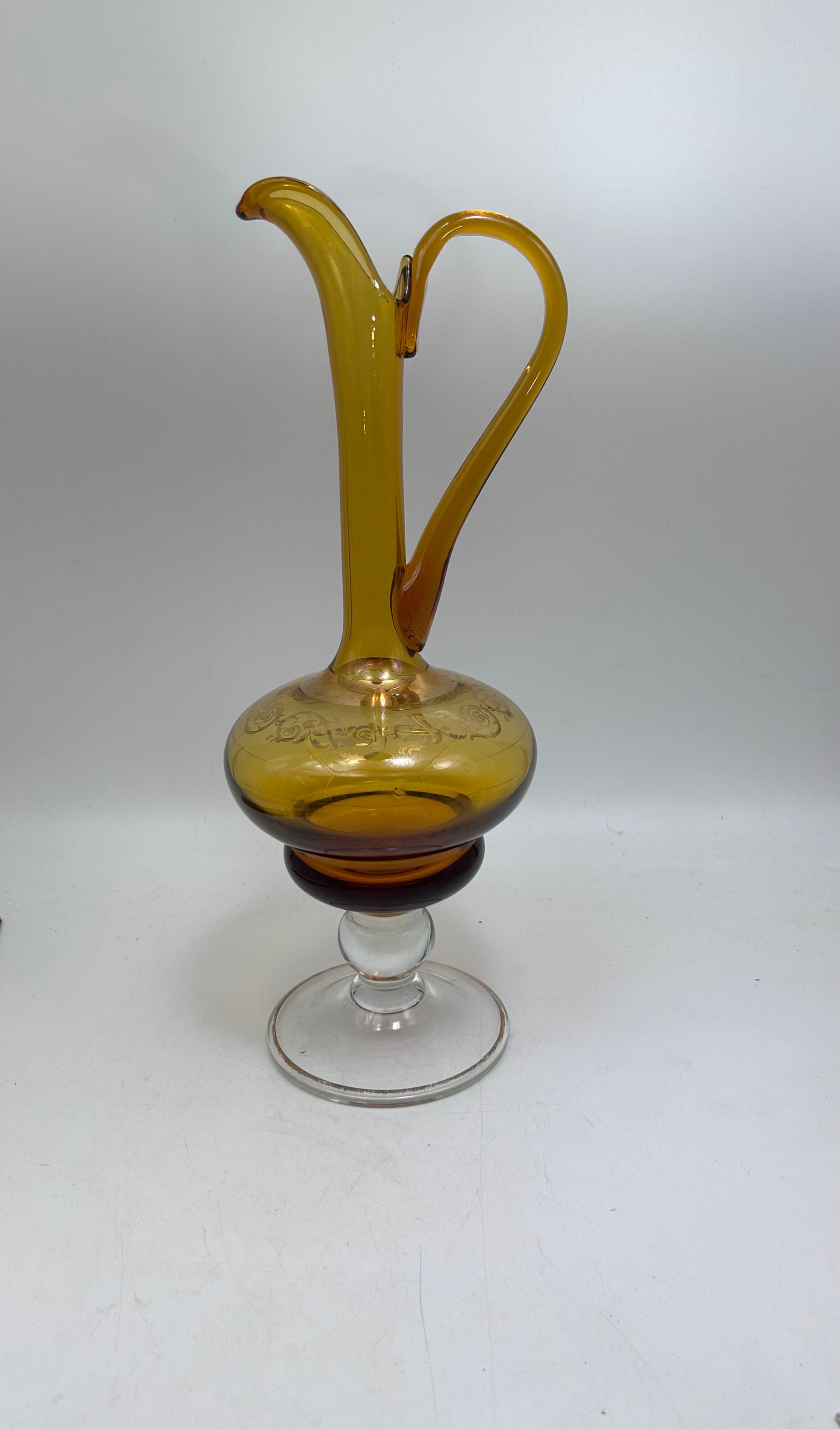 Vintage Elegant Amber and Gold Ewer / Pitcher / Vase  - 14 Inches Tall, Midcentury, Holiday Table / Mantel / Bar, Display, Fall Decor