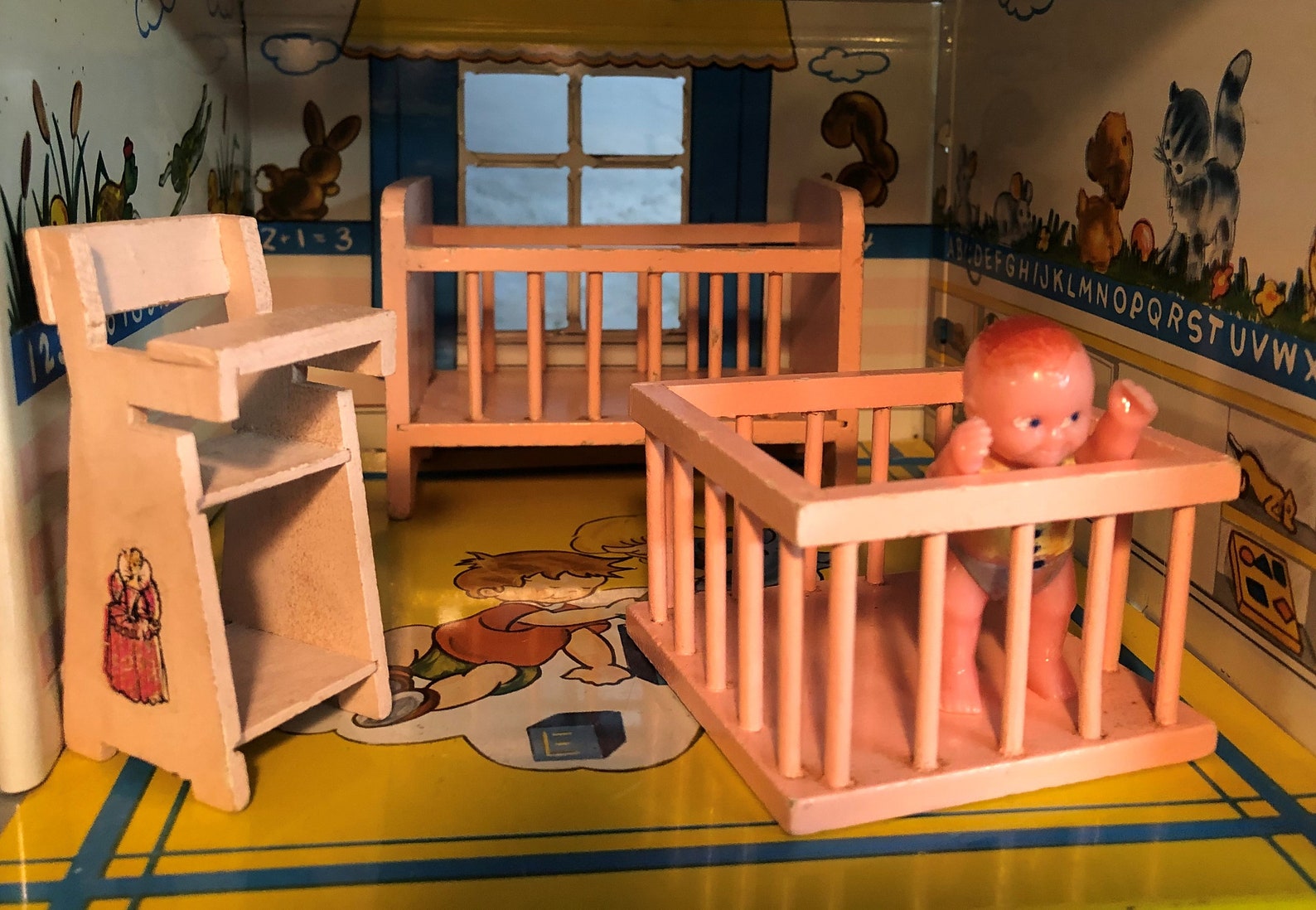 Vintage Pink Wooden Dollhouse Nursery Furniture Crib Etsy