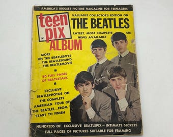 May include: A vintage "Teen Pix Album" magazine featuring The Beatles. The cover is yellow with text and images of the band members. The magazine includes exclusive photos from their American tour and intimate secrets.