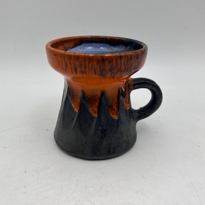 Vintage Handmade Ceramic Mug by Ernst Faxe, Denmark: Unusual Shape, Dark Brown, Orange and Blue Glaze, MCM Brutalist, Gift, Collection