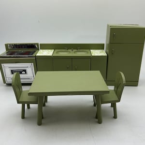 Vintage Green Wooden Dollhouse Kitchen Furniture - Table, 2 Chairs, Stove, Sink, Refrigerator, 1:12 Scale, Halls Lifetime Toys, 1970s