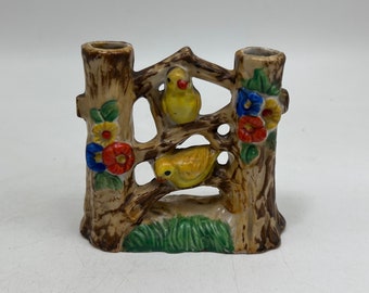 Vintage Keramik Figurale Knospe / Spill Vase - Gelbe Vögel auf Bäumen, 10 cm hoch, Doppelvase, Frühling / Ostern Display, Geschenk, Made in Japan