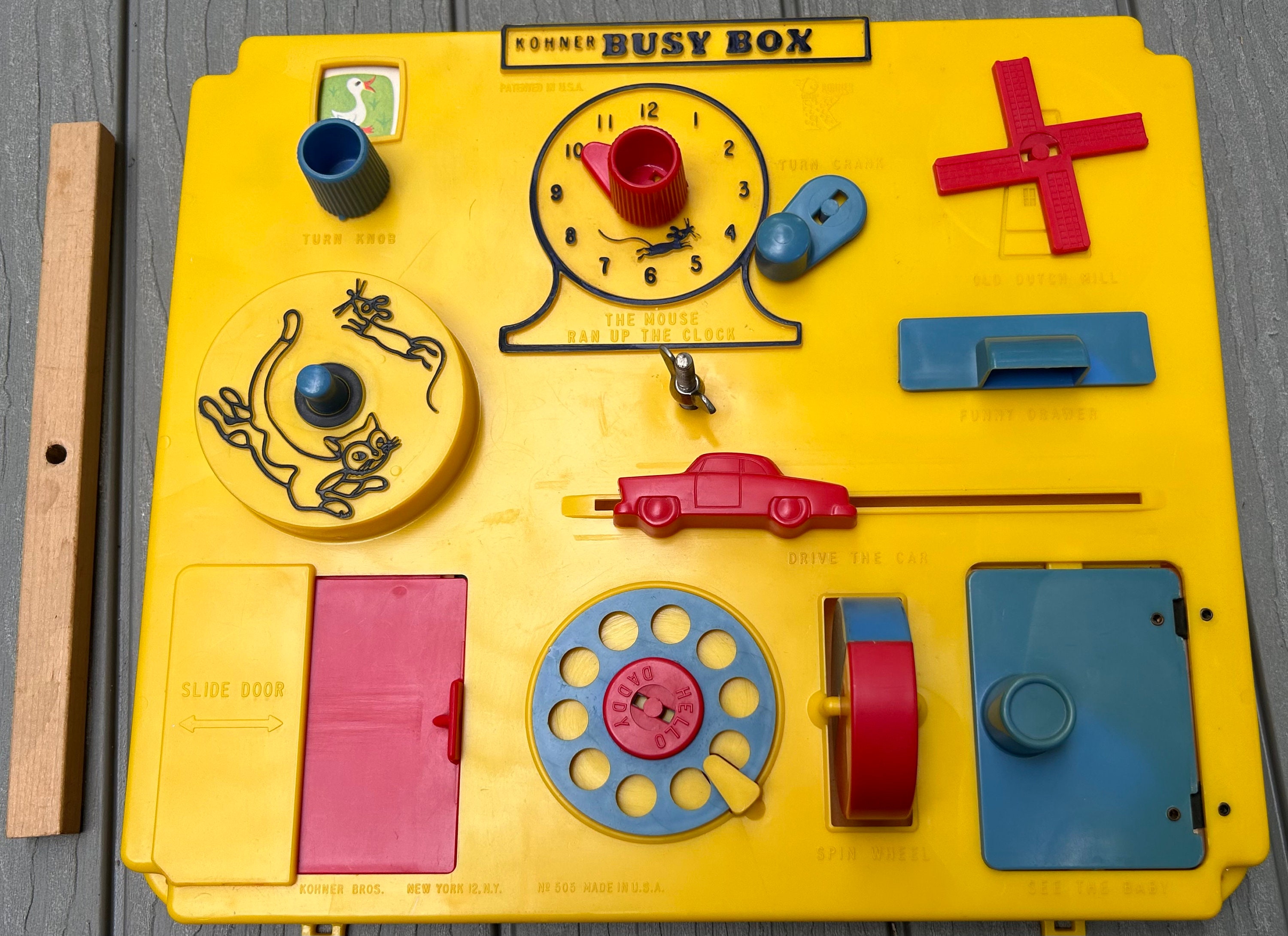 Vintage Kohner Busy Box, 1960s Baby Toy, Yellow, Red and Blue