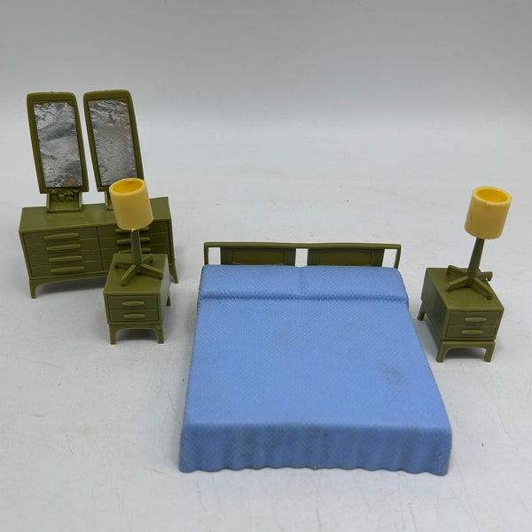 Vintage Plastic Dollhouse Furniture -- Midcentury Modern Bedroom - Marx MCM Bed, Dresser, Mirrors, Nightstands, Lamps, 1/2 Scale, Tin Litho