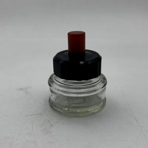 Vintage Glass Ink Bottle / Ink Well: Black Plastic Lid, Bakelite (Maybe) Knob, 2.25 Inches Tall, 1930s-1940s, Display, Office, Collection