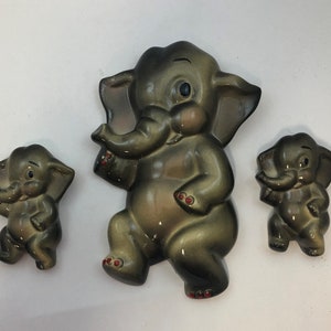 3 Vintage Gray and Pink Chalkware / Plaster Elephants -- Mother and Babies -- Midcentury Bathroom Decor or Nursery, Kitschy Design