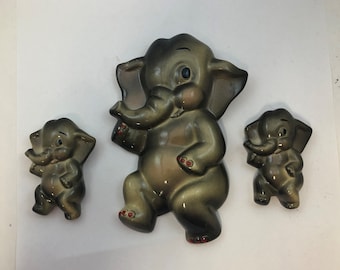 3 Vintage Gray and Pink Chalkware / Plaster Elephants -- Mother and Babies -- Midcentury Bathroom Decor or Nursery, Kitschy Design