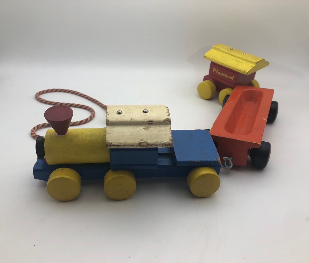 Vintage Playskool Wooden Train Pull Toy Engine, Caboose and Flat Car