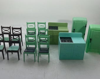 Vintage Renwal Dollhouse Furniture -- Aqua Blue or Green Kitchen Stoves, Refrigerators, Chairs, Midcentury, Tin Litho, 3/4 Scale, Choice