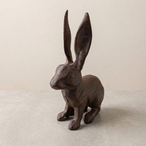 May include: A dark brown cast iron rabbit figurine in a seated position. The rabbit features long, upright ears, a textured surface, and defined facial features including eyes, a nose, and a mouth. The sculpture is solid and stands upright.