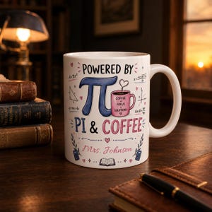 May include: A white ceramic mug featuring the text "POWERED BY PI & COFFEE" and "Mrs. Johnson" in script. The design includes a large blue pi symbol, a pink coffee mug illustration, mathematical formulas, small hearts, and icons of a book and calculators.