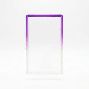 May include: A rectangular card holder frame featuring a clear center and a purple gradient border. The frame has a smooth, glossy finish with a subtle glitter effect embedded within the material, transitioning from deep purple at the top to clear.