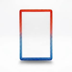 May include: A rectangular frame with a smooth, glossy finish featuring a gradient color transition from vibrant red at the top to deep blue at the bottom. The frame is embedded with fine, subtle glitter particles throughout the material.