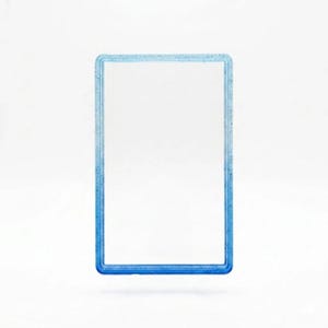 May include: A rectangular frame with a clear center and a blue border featuring a subtle glittery finish. The frame has a smooth, raised edge and a consistent thickness throughout, creating a simple, clean, and open rectangular structure.