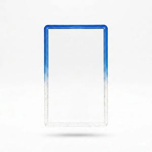 May include: A rectangular card holder frame featuring a blue gradient color scheme that transitions from a deep blue at the top to a clear, transparent base. The frame has a smooth, glossy finish with subtle embedded glitter particles throughout.