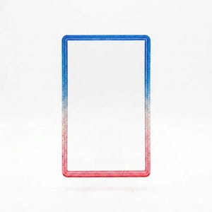 May include: A rectangular frame with a smooth, glossy finish featuring a color gradient that transitions from blue at the top to red at the bottom. The frame has a clear, hollow center and is embedded with fine, subtle glitter throughout the material.