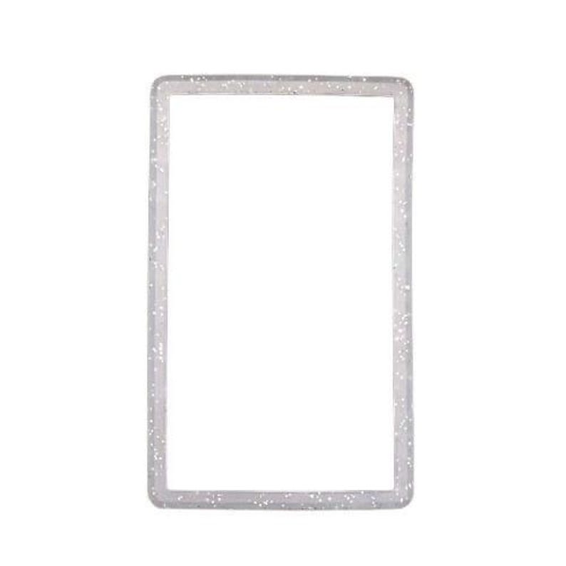 May include: A rectangular frame with rounded corners, featuring a translucent, clear material embedded with small, reflective silver glitter particles throughout the entire border, creating a shimmering effect against the white center space.