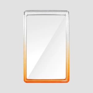 May include: A rectangular, clear acrylic frame featuring a smooth color gradient that transitions from a transparent top to a vibrant orange base. The frame has a thick, polished border with a glossy finish, designed to hold a single photograph.