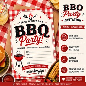 May include: A rectangular BBQ party invitation card featuring a red and white checkered border. The text reads: You're invited to a BBQ Party! Good food, good friends, good times. Date, time, location, and RSVP lines are included with a red grill icon.