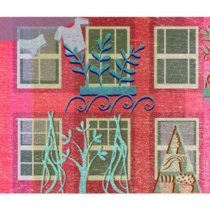 May include: A red brick building with multiple windows and balconies. Each balcony has potted plants and a cat looking out. There are clothes hanging on a line outside the building.