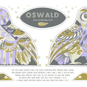 Theedoek/doekenset Oswald de uil: een zeefdrukontwerp van Sarah Young