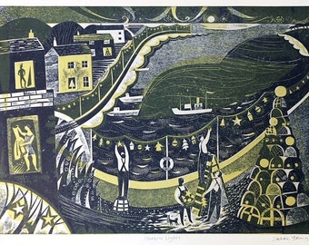 Harbour Lights - Card Cut/ Relief Print / Letterpress Print/ Collagraph