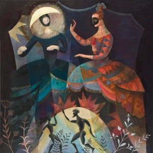May include: A painting depicting a scene with four figures. A woman in a blue and black dress stands under a crescent moon. A woman in a red and gold dress with a mask stands to the right. Two figures in the foreground are dancing in a circle of light.