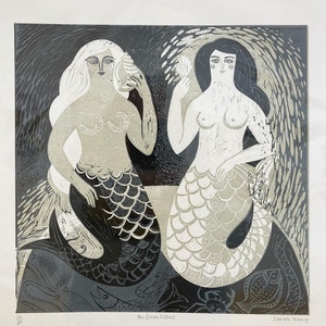 May include: Black and white woodcut print of two mermaids with the title "The Siren Sisters" and the artist's name "Sarah Young" at the bottom.