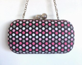 Black with Pink, White, and Grey Polka Dots Glitter Minaudière Clutch