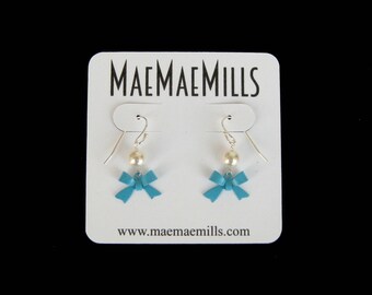 Turquoise Enamel Bow and Swarovski Pearl Petite Dangle Earrings