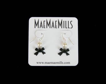 Black Enamel Bow and Swarovski Pearl Petite Dangle Earrings