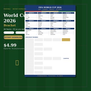 May include: A printable FIFA World Cup 2026 tournament bracket featuring a list of 48 teams organized into groups A through L, with a section for knockout rounds and a designated space for the champion. The document includes text headers.