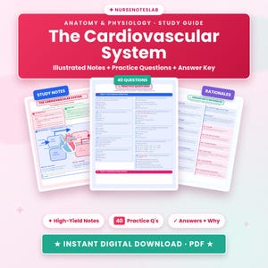 Peut inclure: Guide d'étude d'anatomie et de physiologie sur le système cardiovasculaire comprenant des notes illustrées, 40 questions d'entraînement et un corrigé. Le document PDF numérique inclut des schémas du cœur et du flux sanguin.