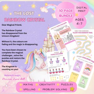 Paquete de actividades de unicornios para niños / Aventura imprimible apta para niños con TDAH / Actividades de aprendizaje para la educación en casa / Diversión sin pantallas / PDF de Crystal Quest