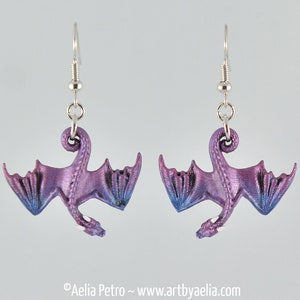 Hanging Dragon Earrings - Purple Aurora Borealis Dragons - IN STOCK and Ready to Ship