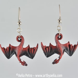 Hanging Dragon Earrings - Fire Elemental Black and Red Dragons - IN STOCK and Ready to Ship