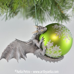 Dragon Bauble Ornament - Antique Silver Dragon on your choice of Glittery Bauble - IN STOCK and Ready to Ship