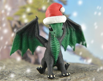 Santa Hat Dragon Sculpture Resin Figurine - Green Dragon - In Stock and Ready to Ship