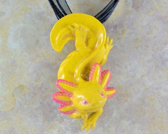 Golden Axolotl Necklace - Yellow and Pink Axolotl - Unique Gift for the Exotic Animal Lover - IN STOCK and Ready to Ship