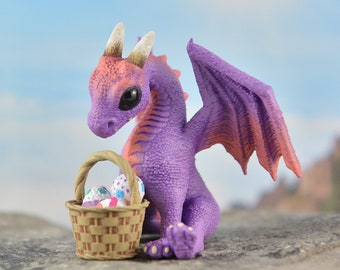 Easter Dragon Sculpture Resin Figurine - Easter Purple and Coral Pink Dragon - With Basket of Easter Eggs - IN STOCK and Ready to Ship