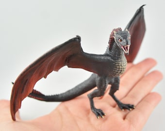 Realistic Baby Dragon Replica - Black and Red Tabletop Miniature Dragon - IN STOCK and Ready to Ship