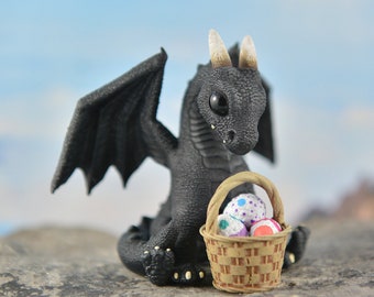 Easter Dragon Sculpture Resin Figurine - Black Dragon - With Basket of Easter Eggs - IN STOCK and Ready to Ship