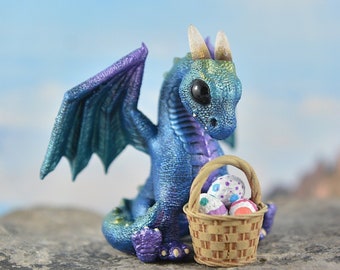 Easter Dragon Sculpture Resin Figurine - Aurora Borealis Shimmering Blue Dragon - With Basket of Eggs - PRE ORDER Shipping in 6-10 Weeks