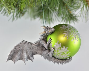 Dragon Bauble Ornament - Antique Silver Dragon on your choice of Glittery Bauble - IN STOCK and Ready to Ship