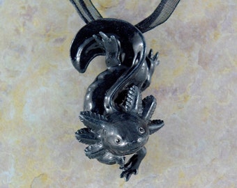 Melanistic Axolotl Necklace - Unique Gift for the Animal Lover - IN STOCK and Ready to Ship