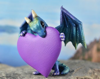 Valentines Day Heart Dragon Sculpture Resin Figurine - Aurora Borealis Dragon - IN STOCK and Ready to Ship