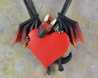 Valentines Heart Dragon Necklace - Burning Ember Dragon - PRE ORDER Shipping in 6-10 Weeks